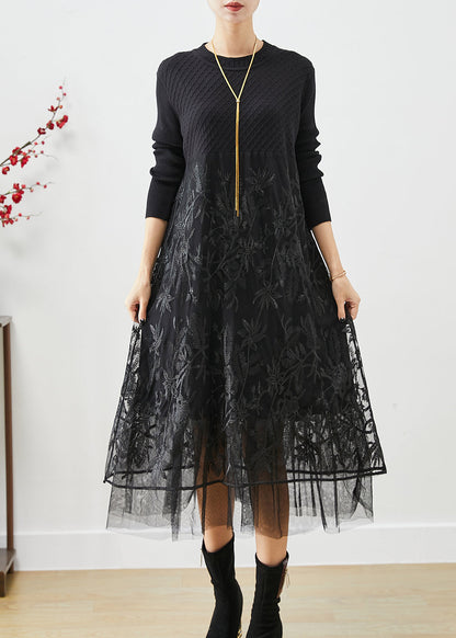 Black Embroideried Tulle Patchwork Knit Long Dress Fall