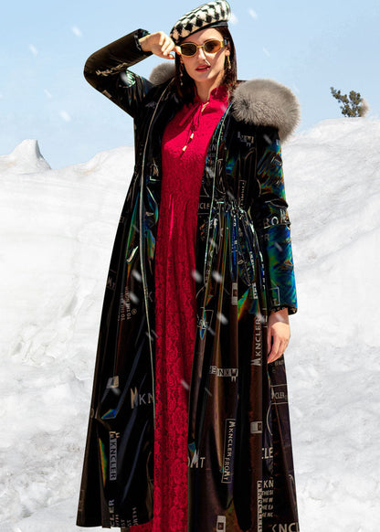 Black Fox Collar Drawstring Letter Print Duck Down Puffers Jackets Winter