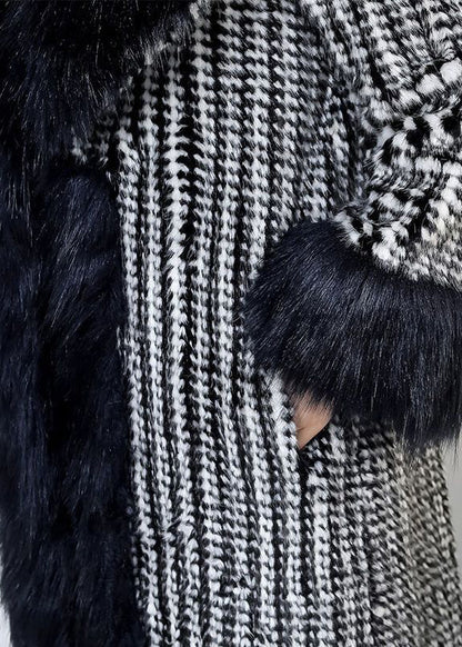 Black Fur Collar Patchwork Warm Faux Leather and Fur Trench Winter