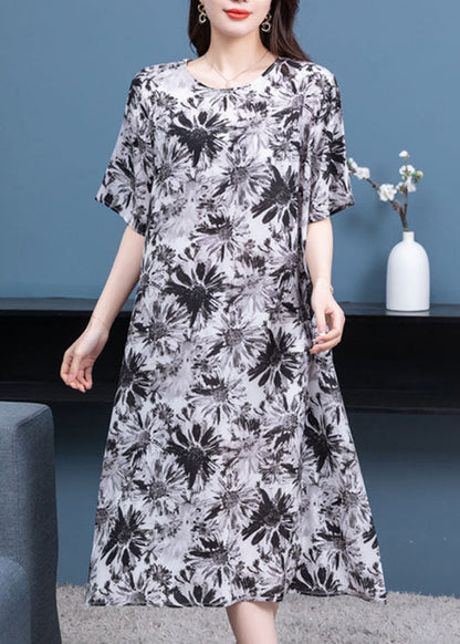 Black Grey O Neck Print Patchwork Chiffon Dresses Half Sleeve