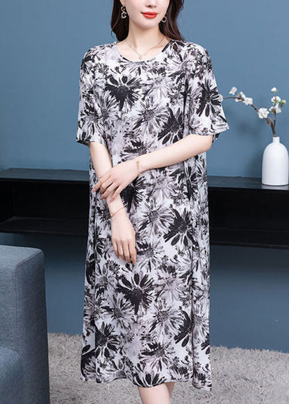 Black Grey O Neck Print Patchwork Chiffon Dresses Half Sleeve
