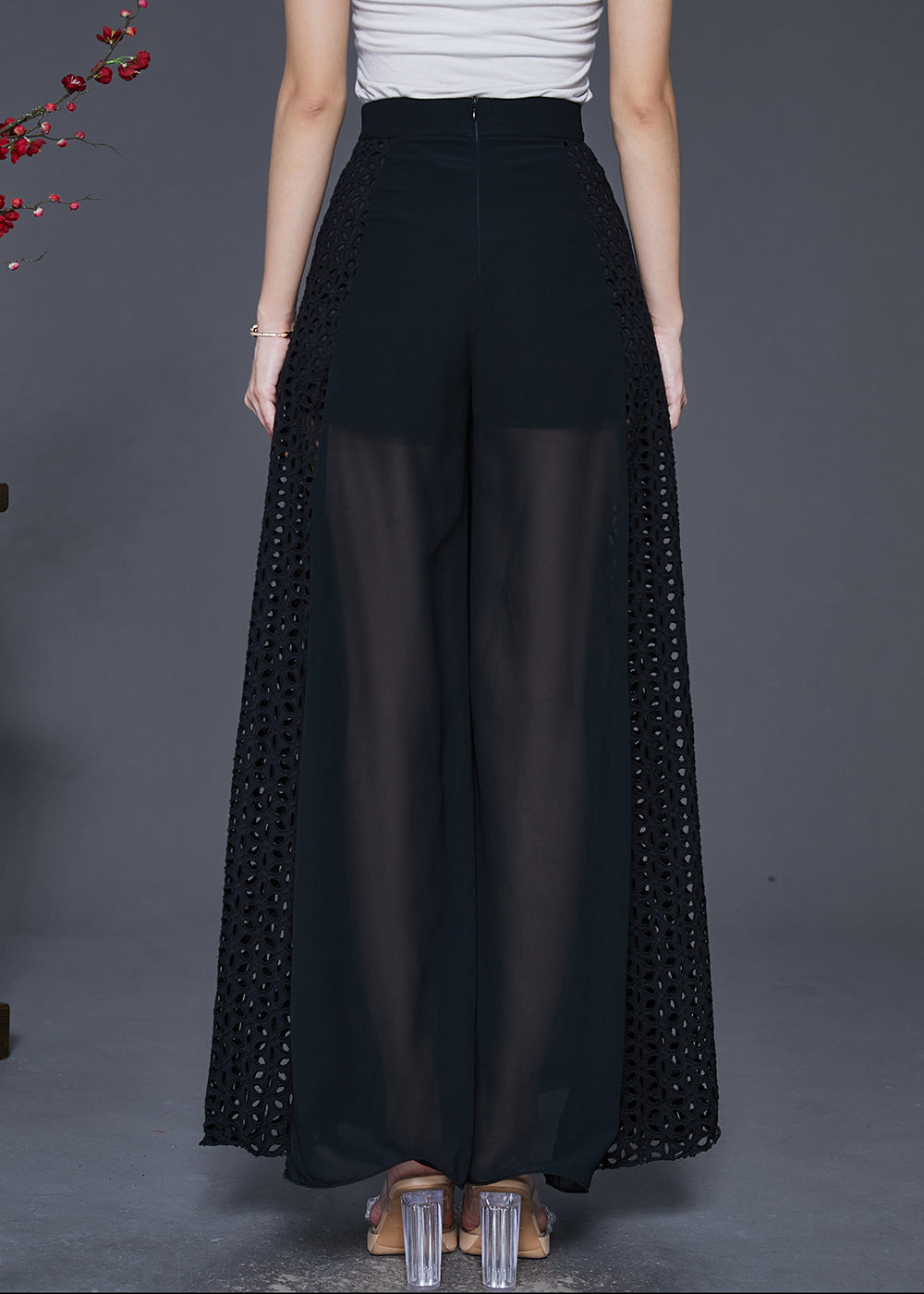 Black Hollow Out Patchwork Chiffon Wide Leg Pants Spring