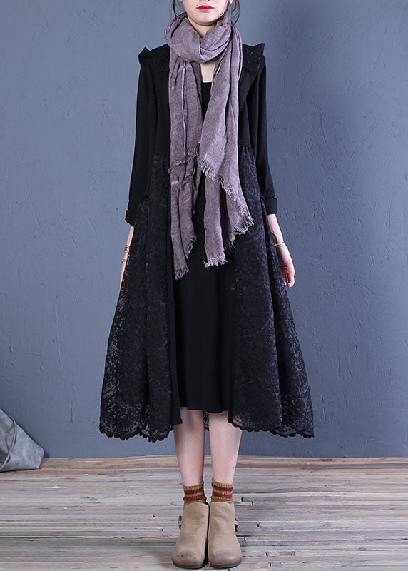 Black Hooded Lace Patchwork Cardigans Spring