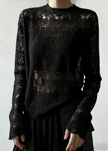 Boho Black Jacquard Hollow Out Lace Top Spring