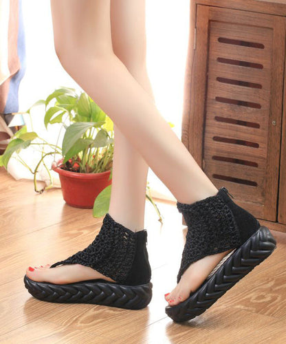 Black Knit Fabric Splicing Platform Peep Toe Sandals