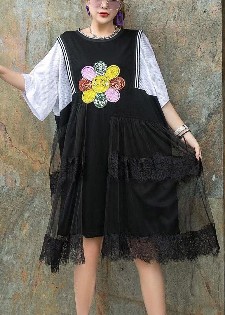 Black Nail Bead Print Asymmetrical Design Patchwork Fall Mid Dress Half Sleeve