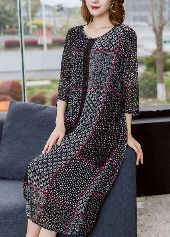 Black O Neck Asymmetrical Design Patchwork Chiffon Dresses Summer