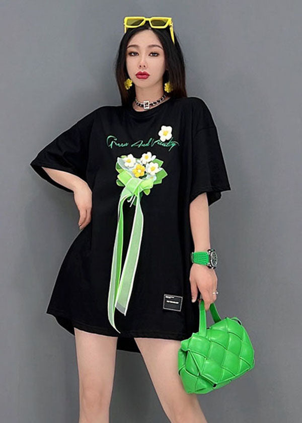 Black O-neck Embroideried Bow Cotton Tanks Short Sleeve
