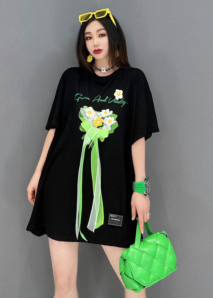 Black O-neck Embroideried Bow Cotton Tanks Short Sleeve