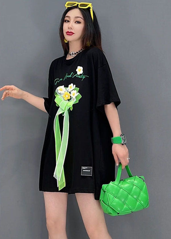 Black O-neck Embroideried Bow Cotton Tanks Short Sleeve