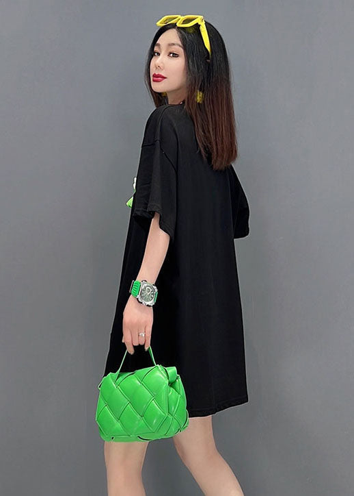 Black O-neck Embroideried Bow Cotton Tanks Short Sleeve