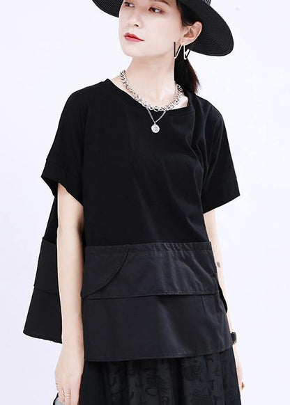Black O-neck Patchwork Cotton Tops Summer