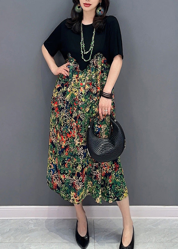 Black O-neck Patchwork Print Long Dress Short Sleeve
