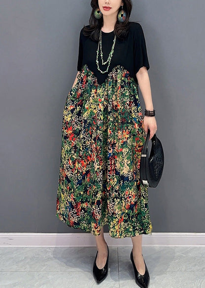 Black O-neck Patchwork Print Long Dress Short Sleeve