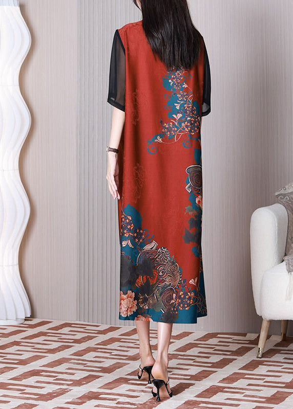 Black O-neck Patchwork Silk Fake Two Piece Long Dress Summer