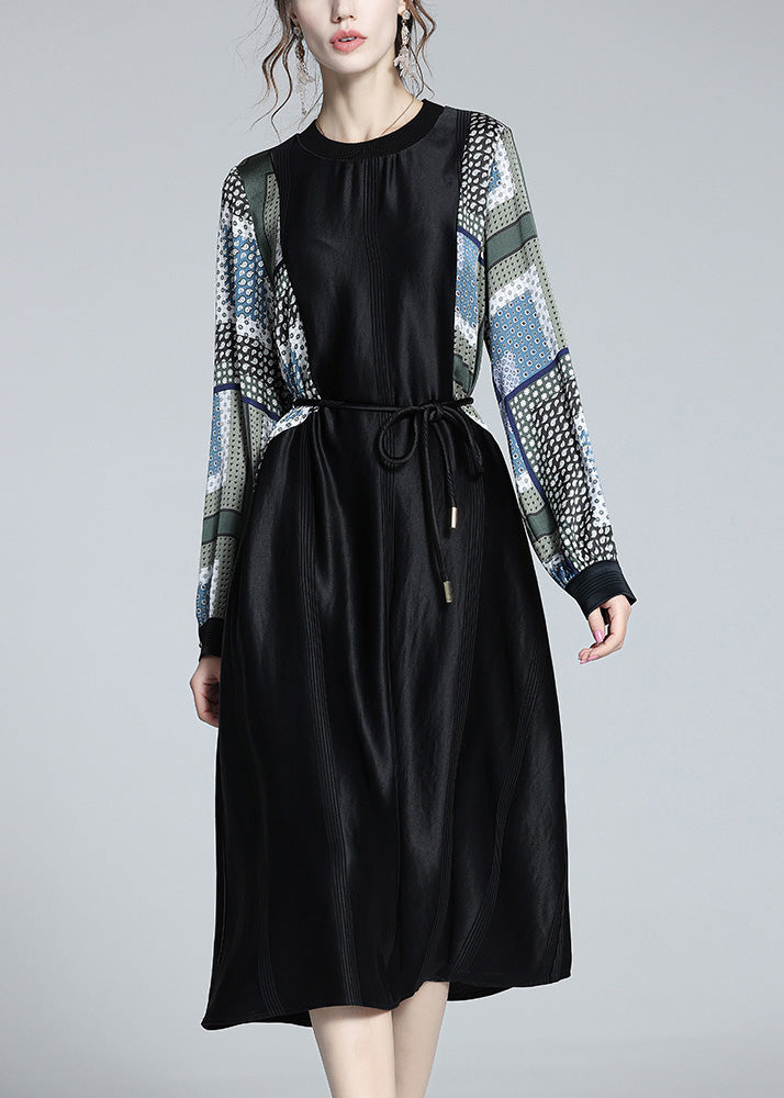 Black O-neck Print Patchwork Tie Waist Satin Vacation Long Dresses Long Sleeve