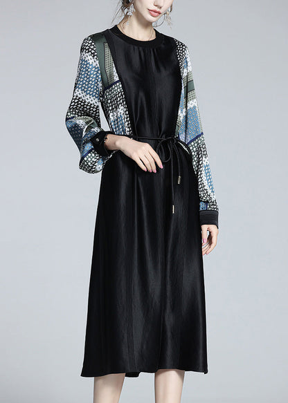 Black O-neck Print Patchwork Tie Waist Satin Vacation Long Dresses Long Sleeve