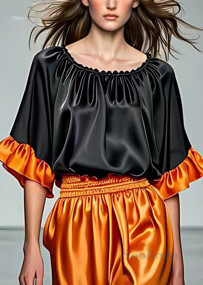 Black O Neck Wrinkled Silk Tops Half Sleeve