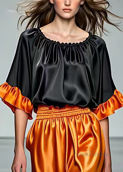 Black O Neck Wrinkled Silk Tops Half Sleeve
