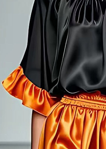 Black O Neck Wrinkled Silk Tops Half Sleeve