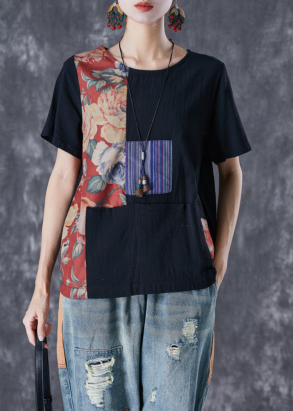 Black Oversized Patchwork Applique Cotton Tanks Summer