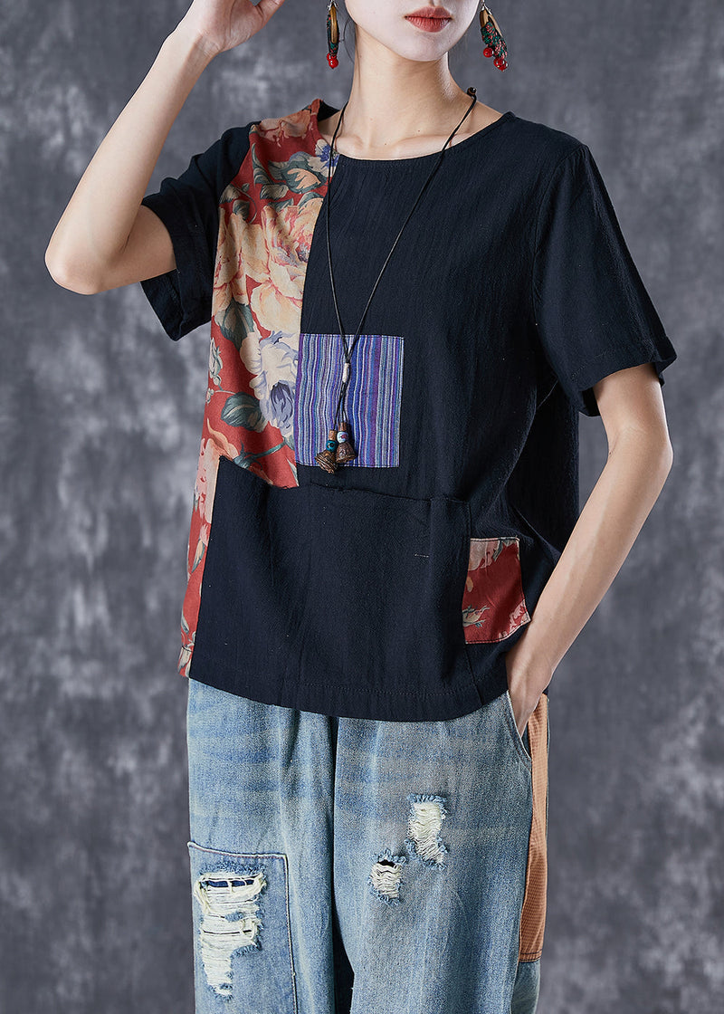 Black Oversized Patchwork Applique Cotton Tanks Summer