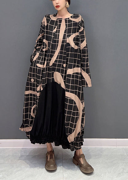 Black Oversized Patchwork Plaid Cotton Long Dress Spring
