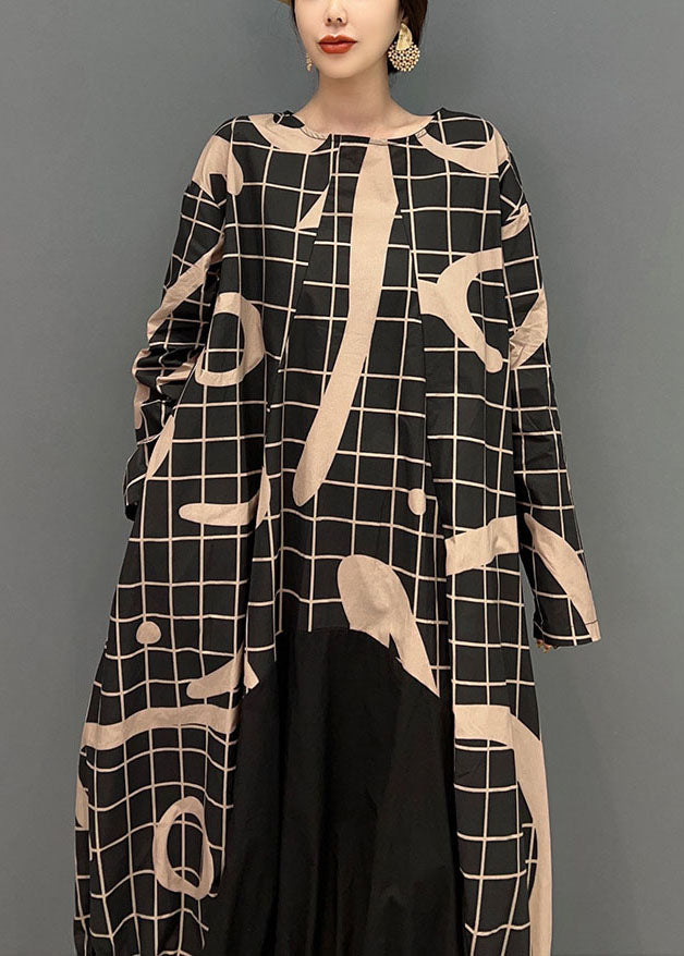 Black Oversized Patchwork Plaid Cotton Long Dress Spring