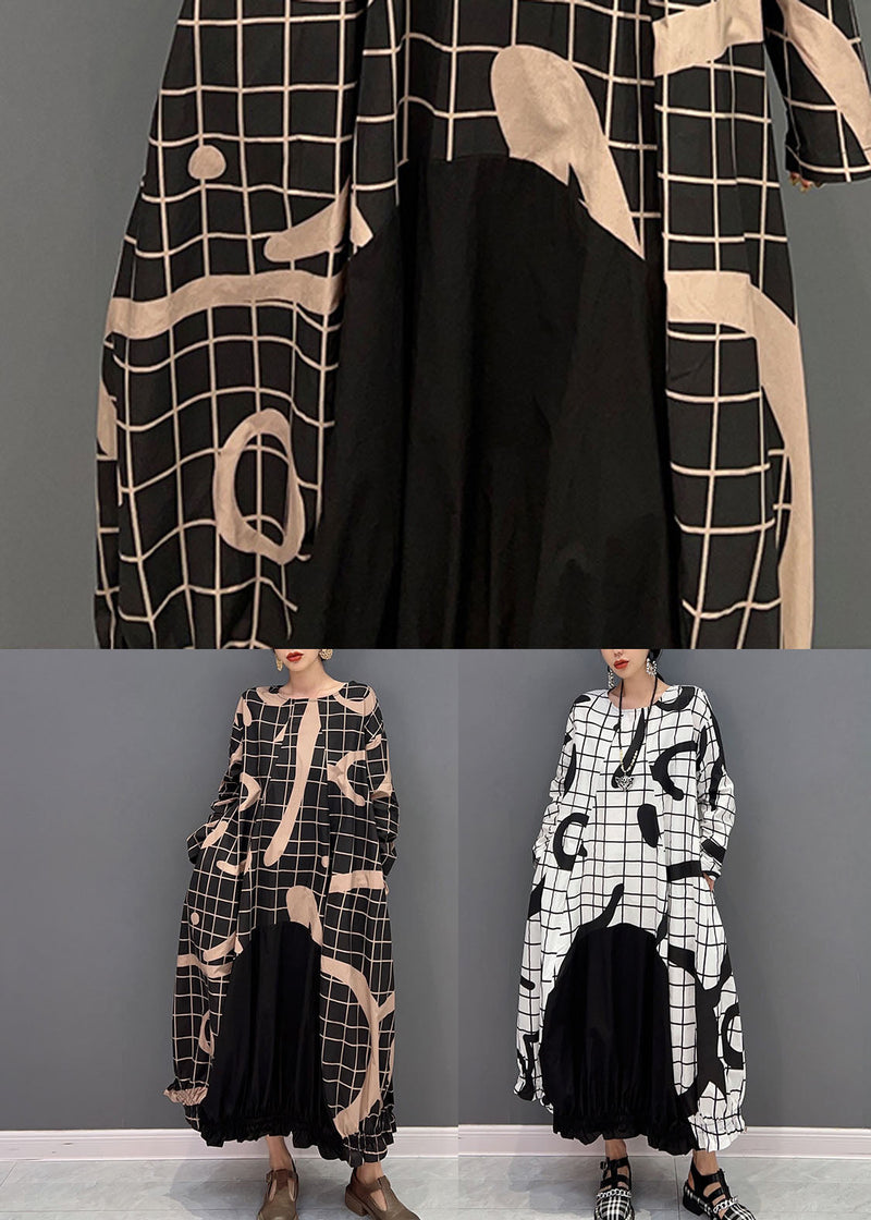 Black Oversized Patchwork Plaid Cotton Long Dress Spring