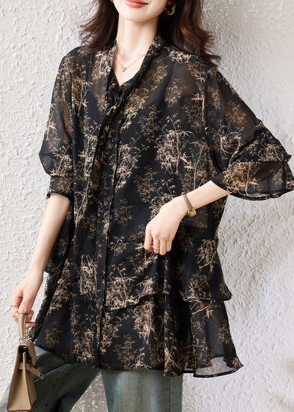 Boho Black Oversized Print Chiffon Shirts Fall