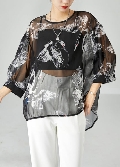 Black Oversized Print Tulle Upf 50+ Tops Bracelet Sleeve
