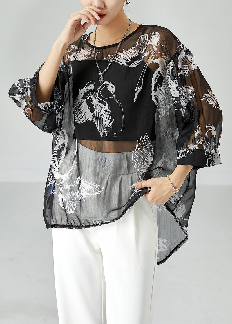 Black Oversized Print Tulle Upf 50+ Tops Bracelet Sleeve