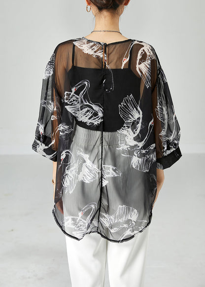 Black Oversized Print Tulle Upf 50+ Tops Bracelet Sleeve