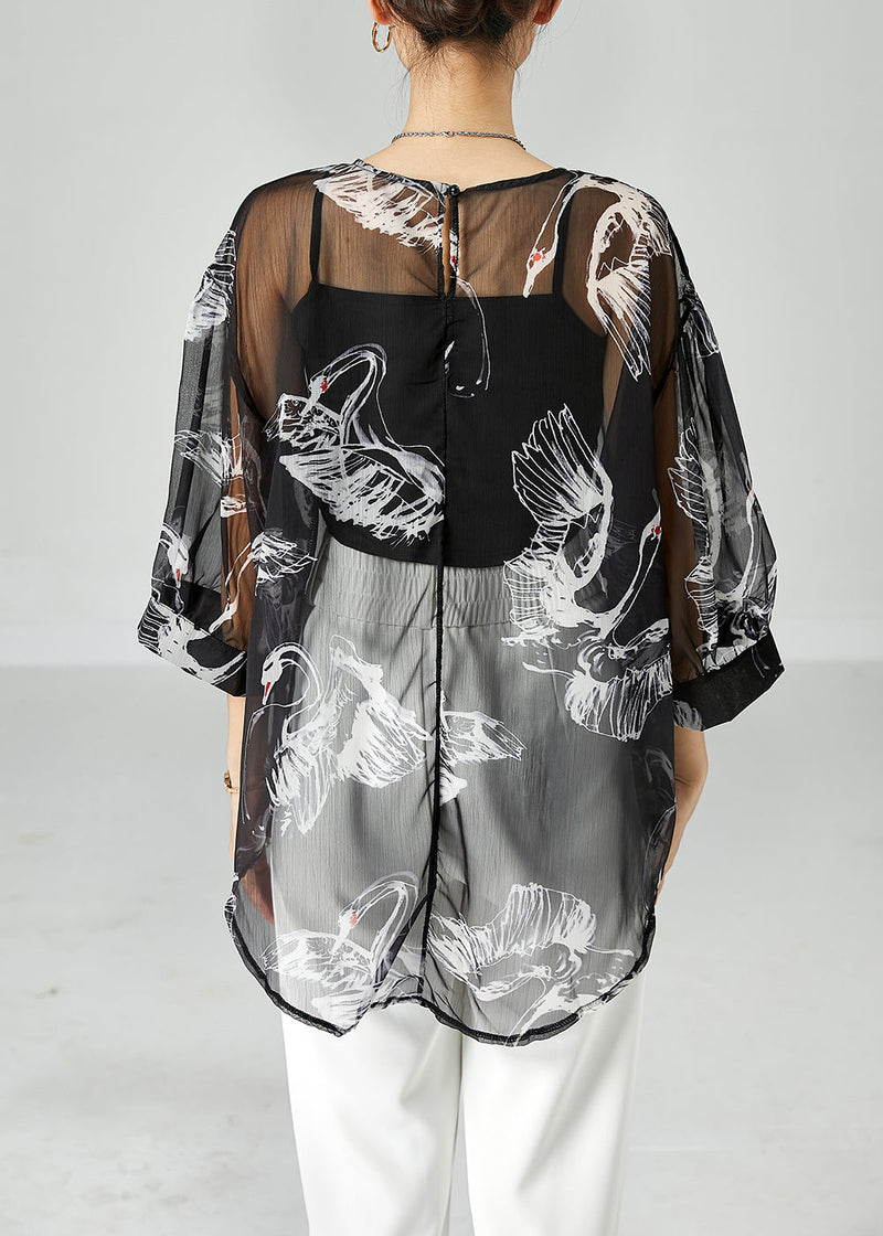 Black Oversized Print Tulle Upf 50+ Tops Bracelet Sleeve