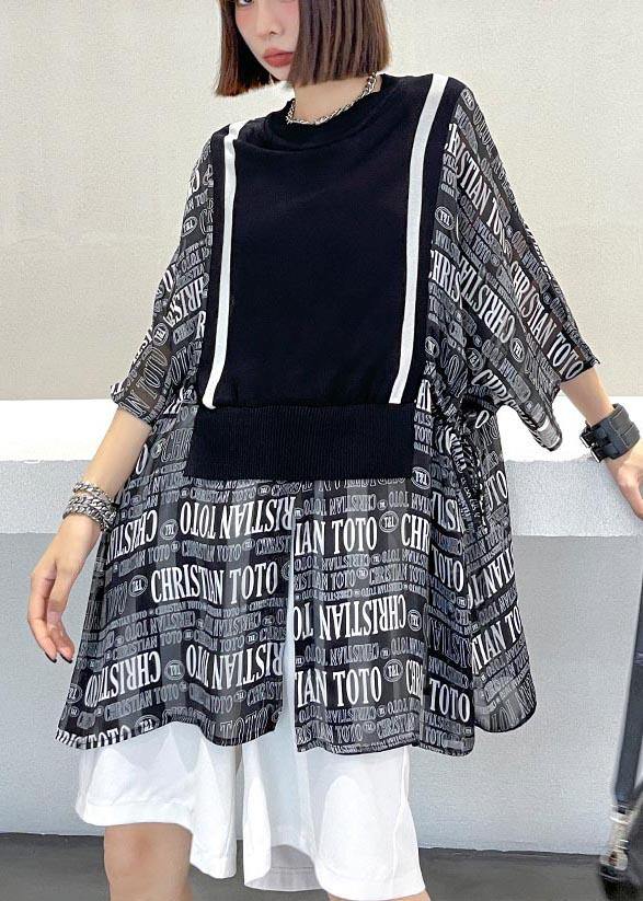 Black Patchwork Graphic Tie Waist Blouse Tops Summer