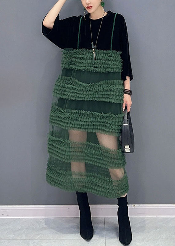 Black Patchwork Green O-neck Fake Two Pieces Tulle Long Dresses Long Sleeve