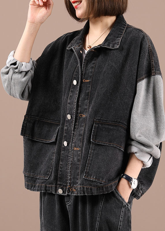 Black Patchwork Pockets Fall Denim Jackets Long Sleeve1