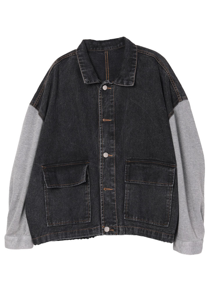 Black Patchwork Pockets Fall Denim Jackets Long Sleeve1