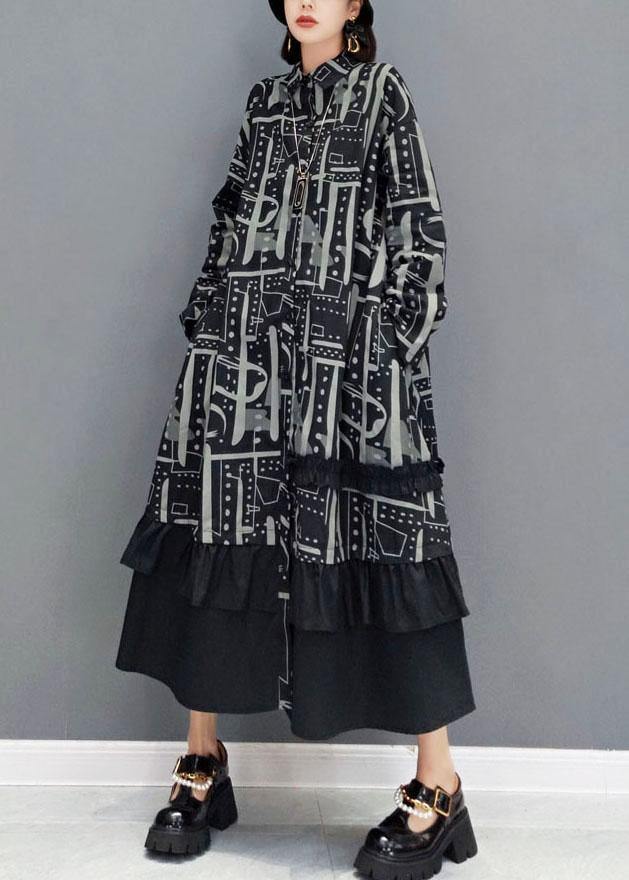 Black Peter Pan Collar Button Print Asymmetrical Design Dress Fall Long Sleeve