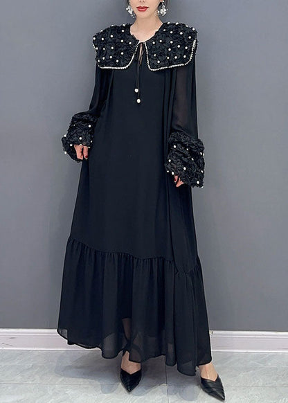 Black Peter Pan Collar Nail Bead Patchwork Long Cotton Dress Spring