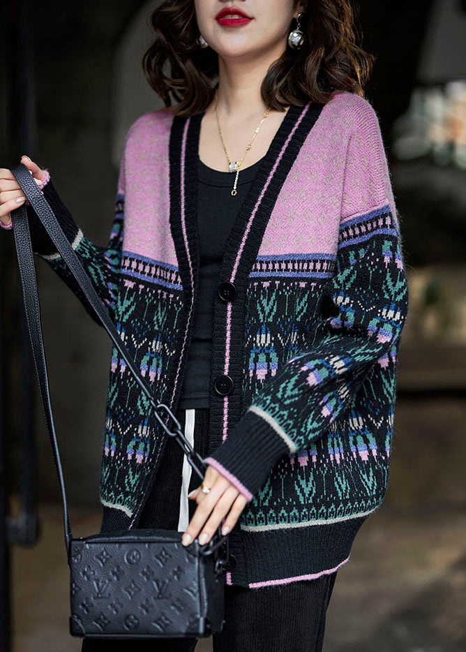 Black Pink Oversized Patchwork Lazy Knit Cardigan Winter