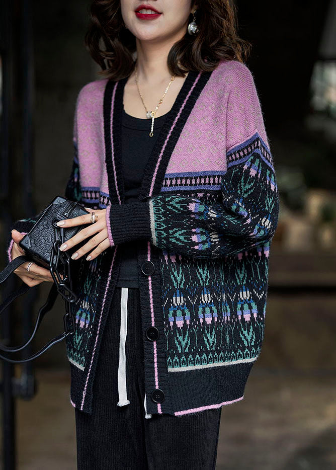 Black Pink Oversized Patchwork Lazy Knit Cardigan Winter
