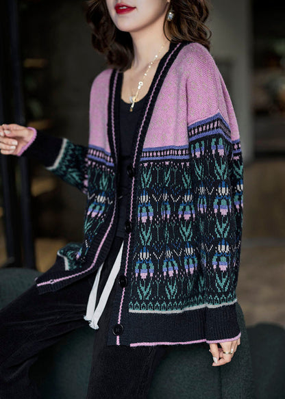 Black Pink Oversized Patchwork Lazy Knit Cardigan Winter