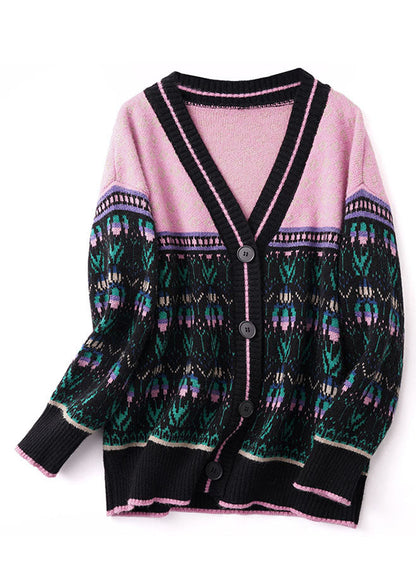 Black Pink Oversized Patchwork Lazy Knit Cardigan Winter