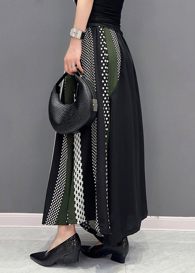 Black Pockets Print Patchwork Chiffon Wide Leg Pants Summer