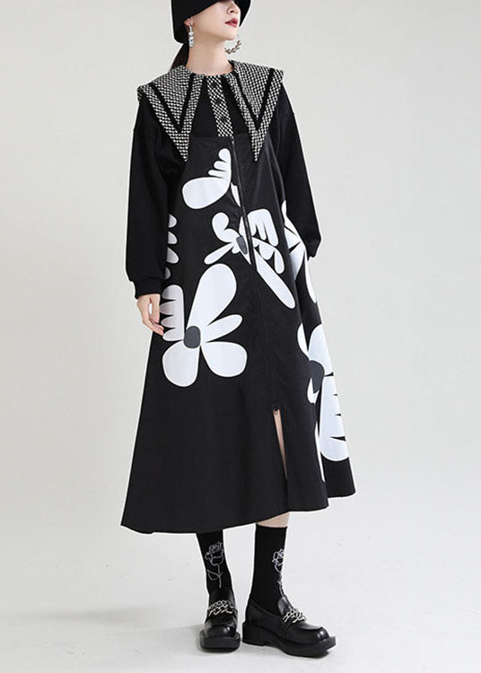 Black Print Patchwork Asymmetrical Design Zippered Fall Dress
