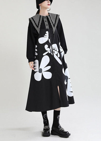 Black Print Patchwork Asymmetrical Design Zippered Fall Dress