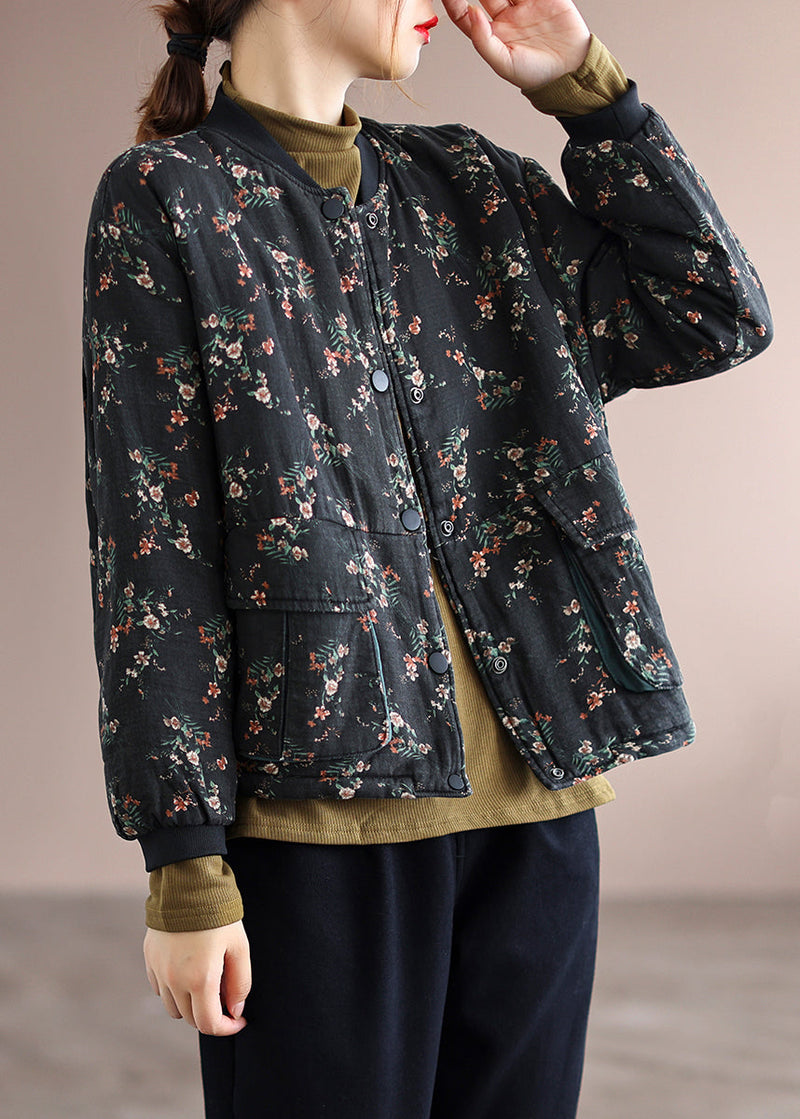 Black Print Pockets Patchwork Fine Cotton Filled Jackets Winter