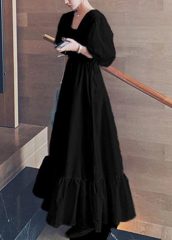 Black Ruffled Lace Up Patchwork Cotton Long Dresses Summer