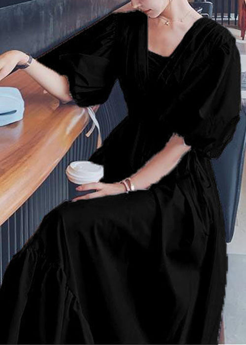 Black Ruffled Lace Up Patchwork Cotton Long Dresses Summer